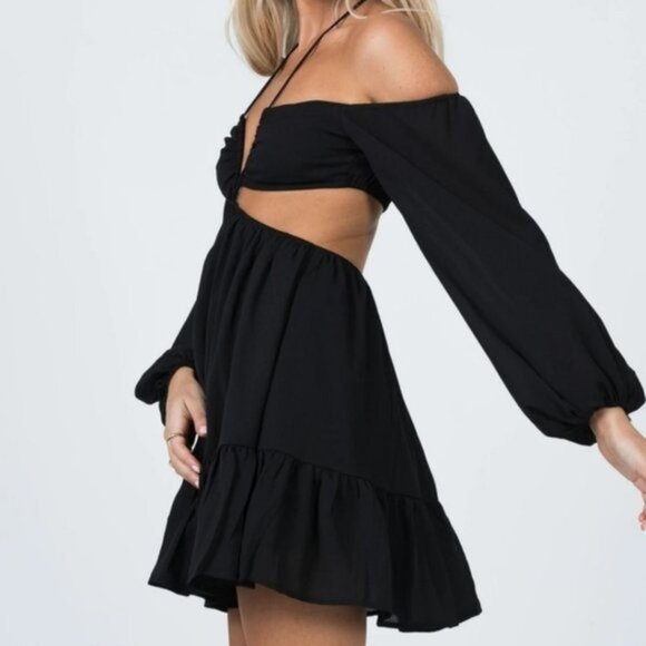#47C Princess Polly Black Natasha Long Sleeve Cutout Tiered Mini Dress - Picture 3 of 4